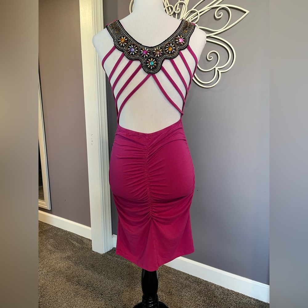 Venus Strappy Pink Dress with Embellished Back and Ruching on rear and sides